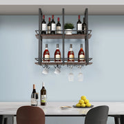 Portabottiglie Sospeso da Soffitto Hubro con Binari per Calici e Ganci per Tazze 80x30x85 cm Nero/Effetto Noce [en.casa]