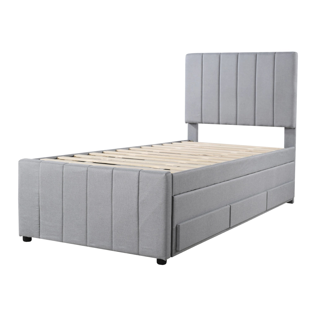 Letto imbottito 90x200 cm con letto estraibile e 3 cassetti in tessuto di cotone e lino grigio