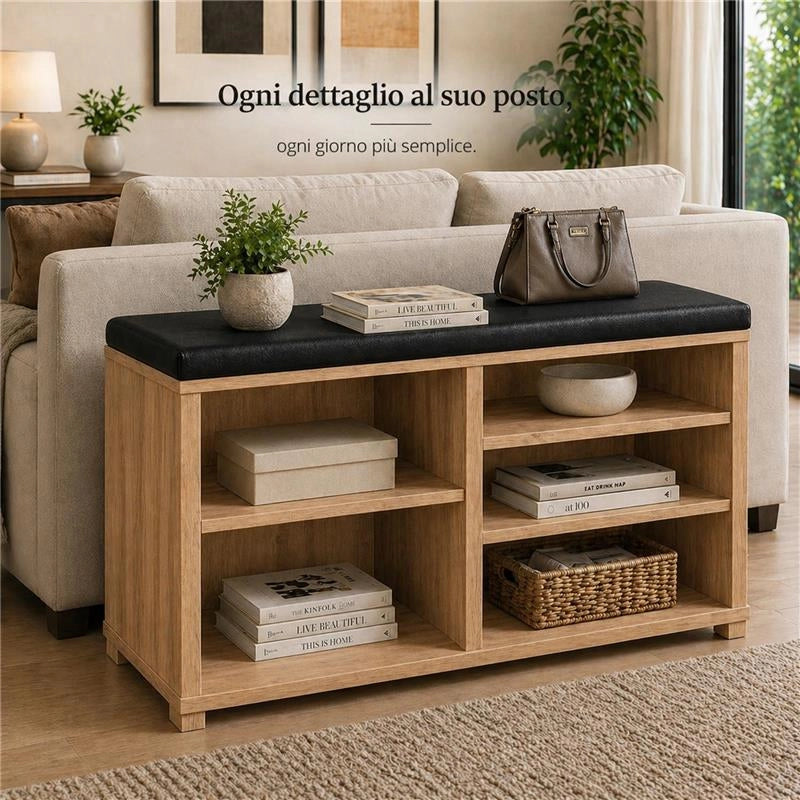 SCARPIERA IN MDF ROVERE CON RIPIANI E SEDUTA IN SIMIL PELLE NERA MISURE: 80X30X47 CM
