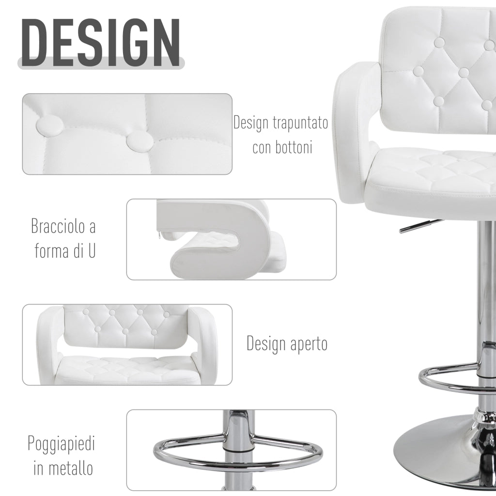 EasyComfort Sgabello Alto Moderno da Bar con Schienale e Braccioli, Regolabile e Girevole, per Cucina o Pub, 64x50x94-114cm, Bianca