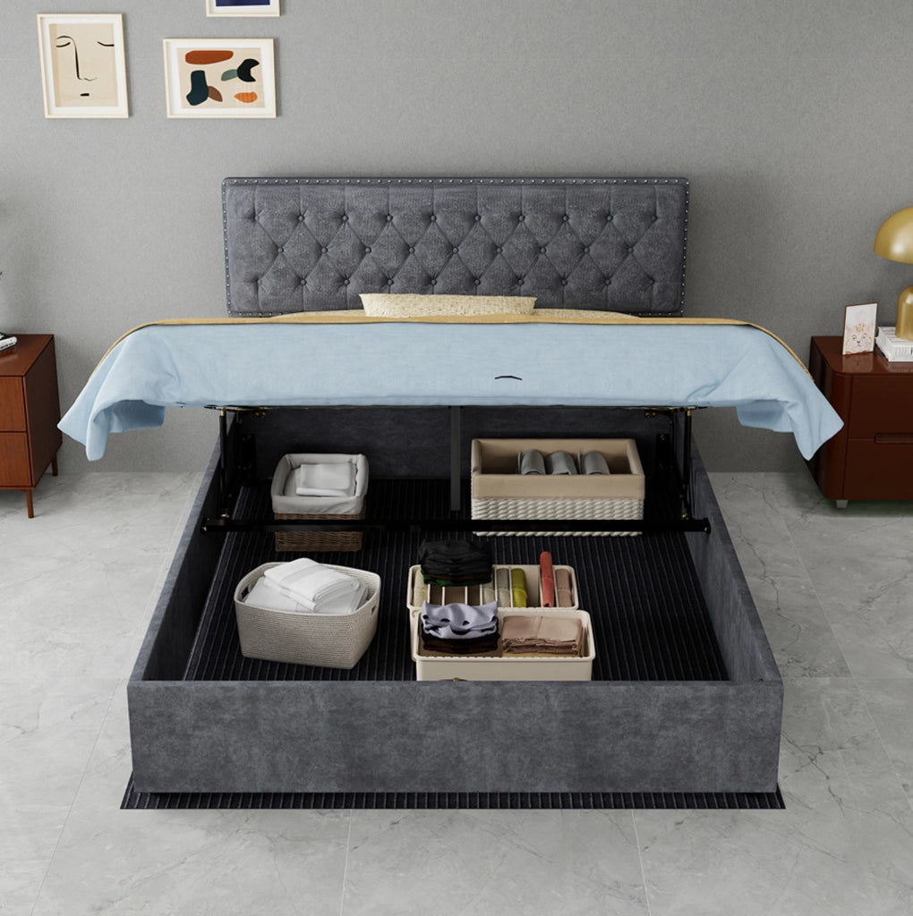 Letto imbottito ULEVR 140x200 cm grigio con materasso incluso, testiera alta e rete a doghe