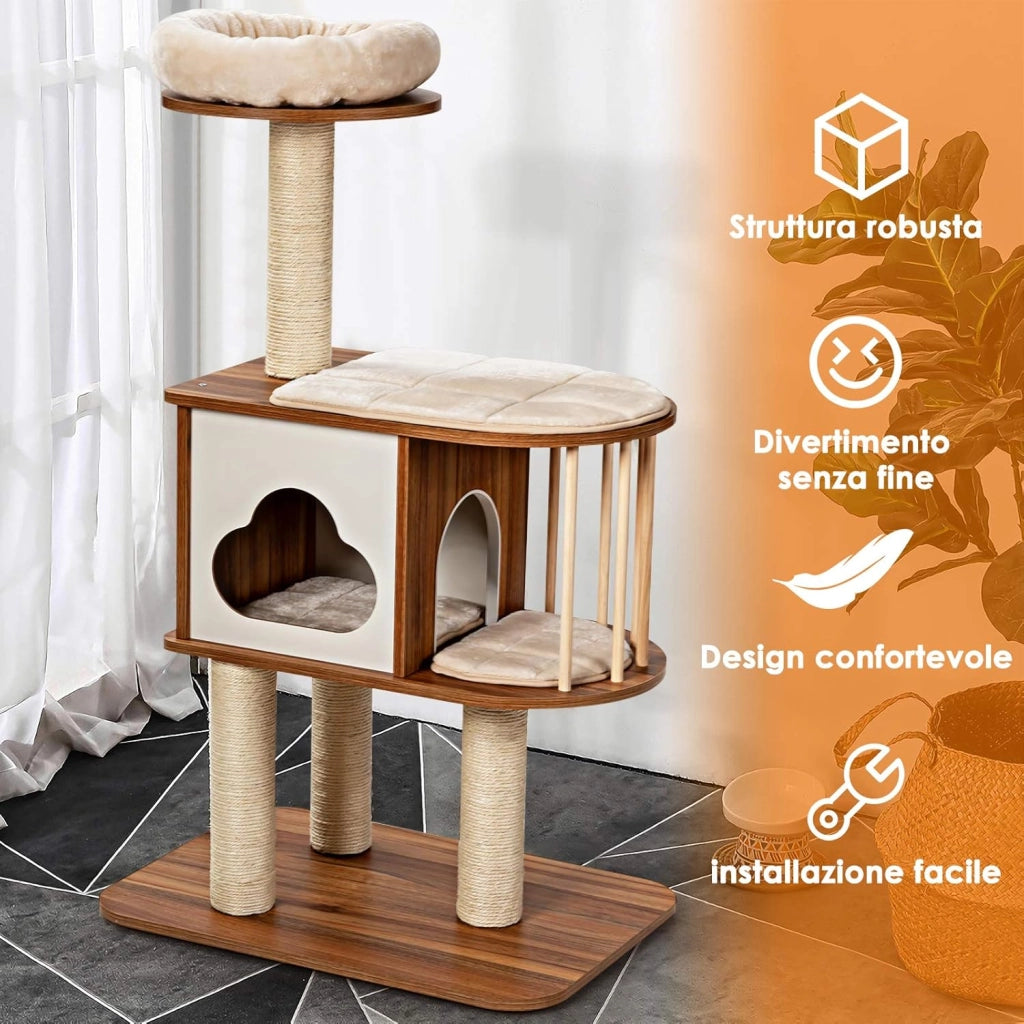Tiragraffi per Gatti Adulti Con Cuccia, Piattaforma, Cuscini e Albero Alto in Legno, 68 x 48 x 117 cm