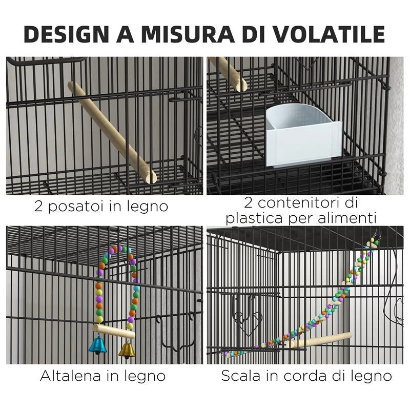 GABBIA PER UCCELLI IN ACCIAIO E PP, DESIGN IMPILATO CON POSATOI, ALTALENE E SCALETTE, 77X46X164 CM, NERO