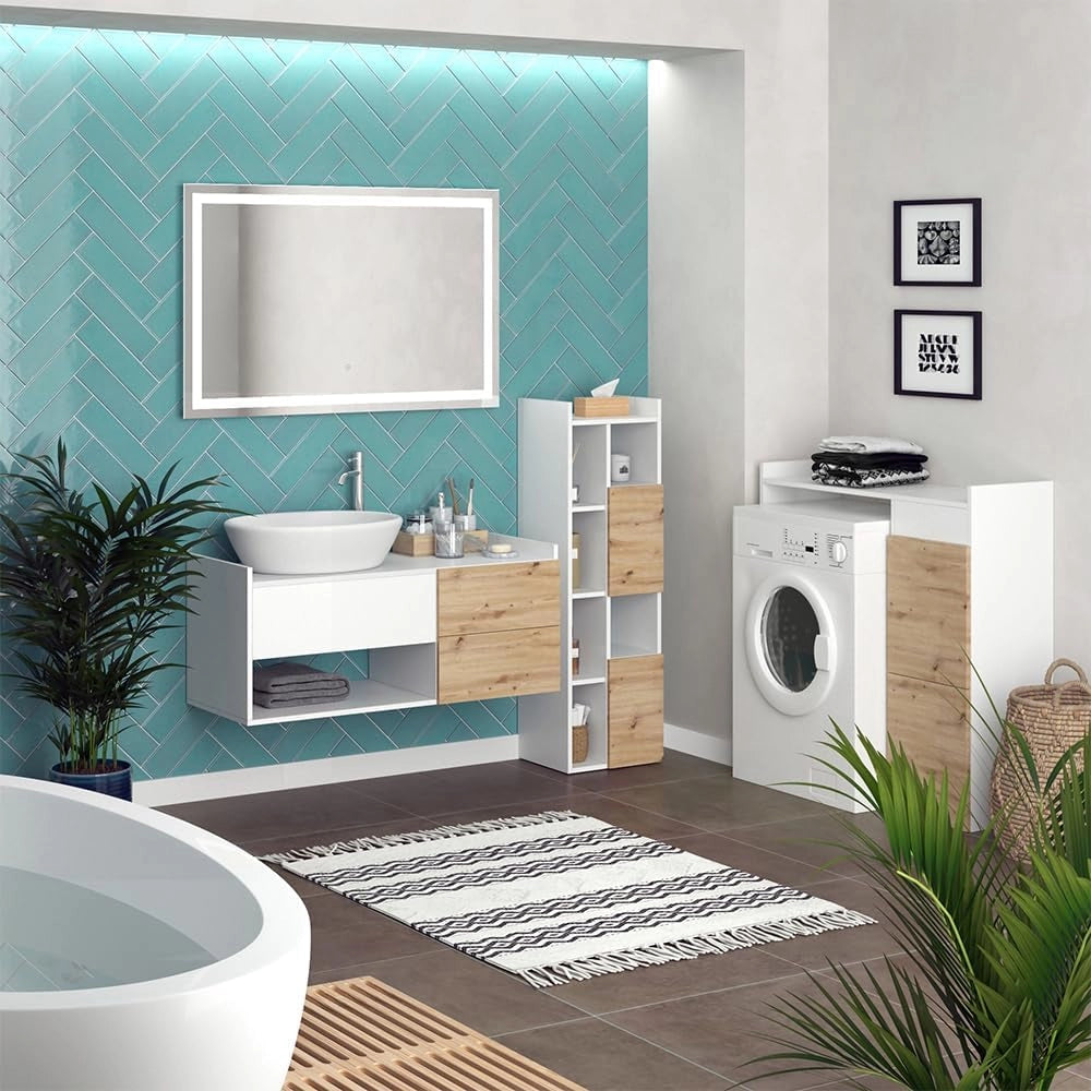 Set di mobili da bagno Alf, Bianco, 105 cm, composto da mobile sottolavabo, specchiera e colonna alta