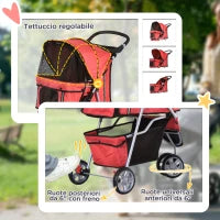 Passeggino per Cani Piccoli Pieghevole, Carrozzina per Cani con Ruote con Freni, Portabicchieri, Cestino Portaoggetti e Imbottitura Rimovibile e Lavabile, per Animali Domestici 10 kg, Rosso
