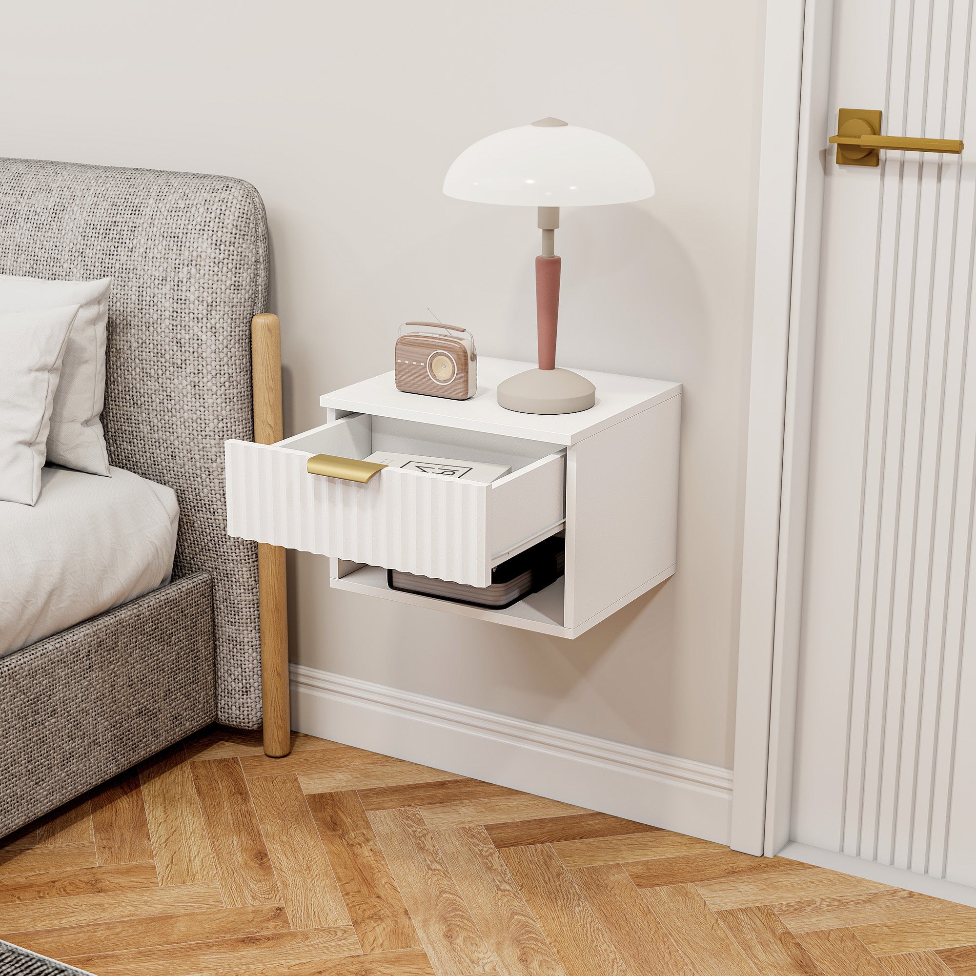 Set di 2 Comodini Sospesi 40x34x29 cm con Pannelli Scanalati Cassetto e Ripiano Bianco