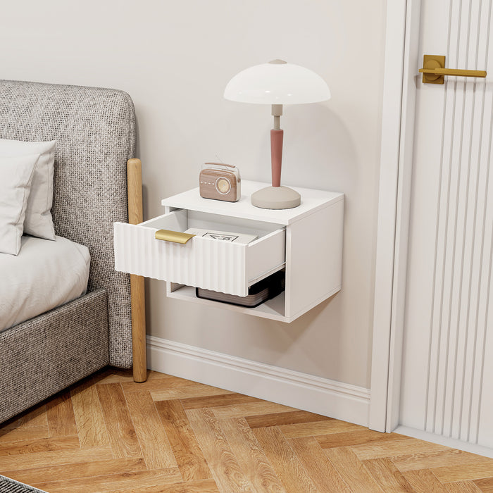 Set di 2 Comodini Sospesi 40x34x29 cm con Pannelli Scanalati Cassetto e Ripiano Bianco