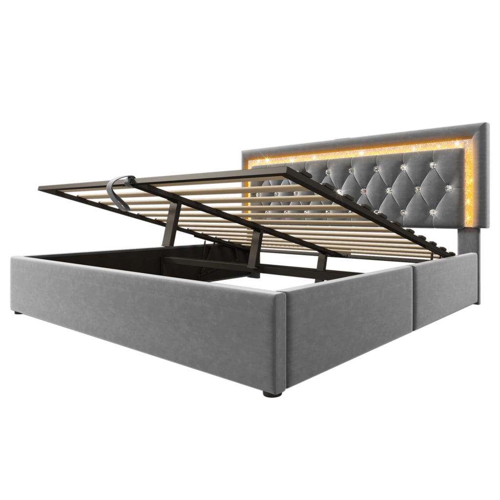 Letto Contenitore 160x200 cm con LED; USB e Type-C in Velluto Grigio