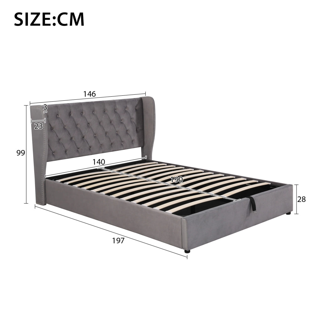 Letto imbottito contenitore in velluto grigio 197x146x99 cm