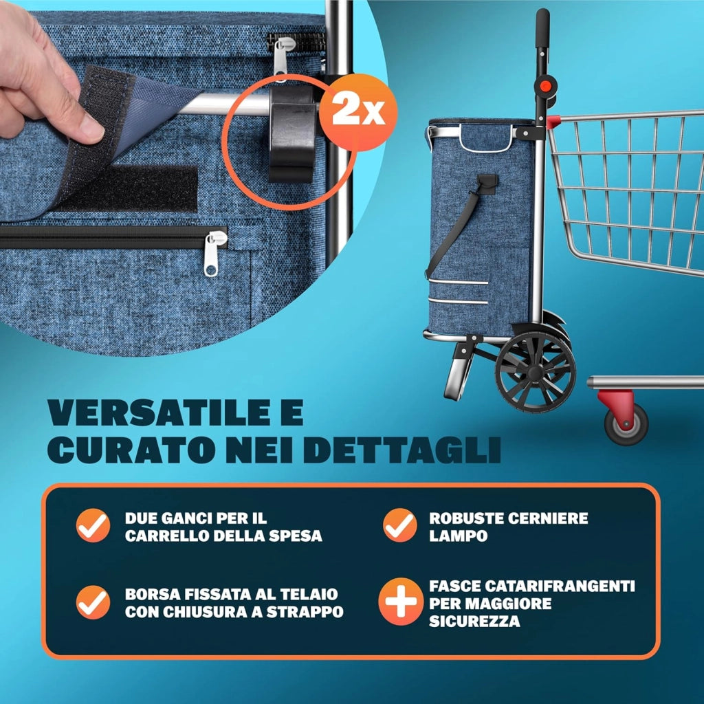 Carrello della Spesa 3in1 56L fino a 50 kg Borsa Pieghevole Rimovibile Carrellino Portaspesa Trolley Blu