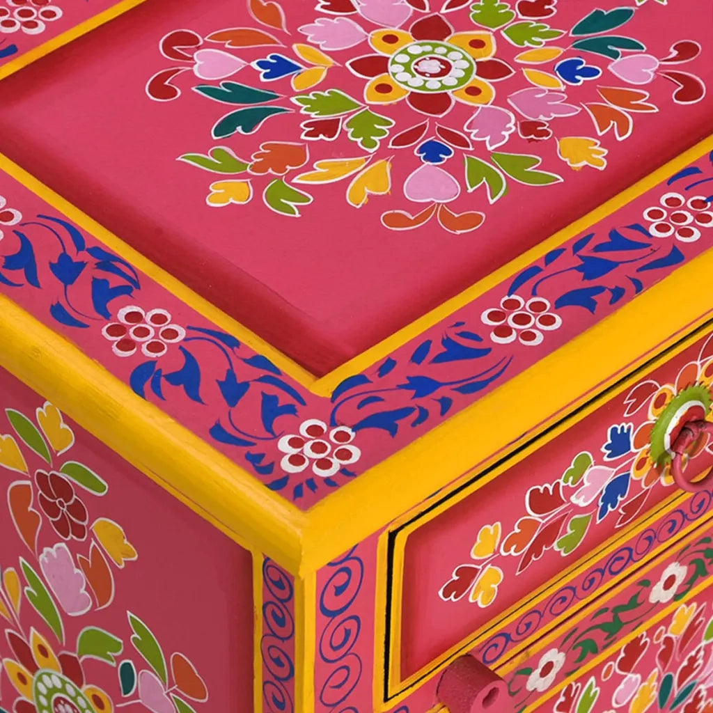 Comodino in Legno Massello di Mango Rosa Dipinto a Mano 244835