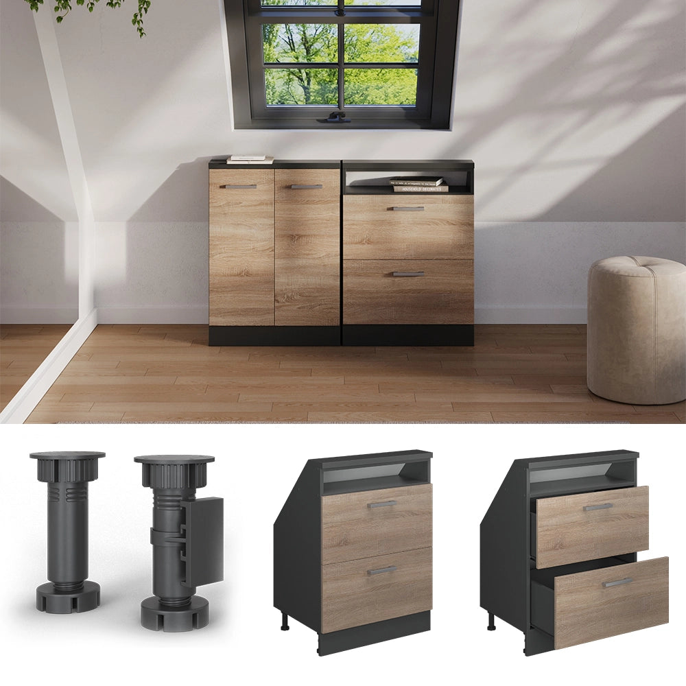 Mobile cucina sottotetto R-Line Sonoma/Antracite 60 cm con 2 cassetti Vicco