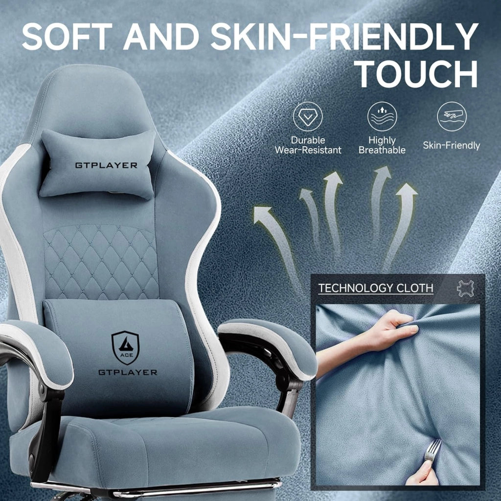 Sedia da gaming, ergonomica, da scrivania, con superficie in tessuto, cuscino a molla, braccioli di collegamento e poggiapiedi, Azzurro