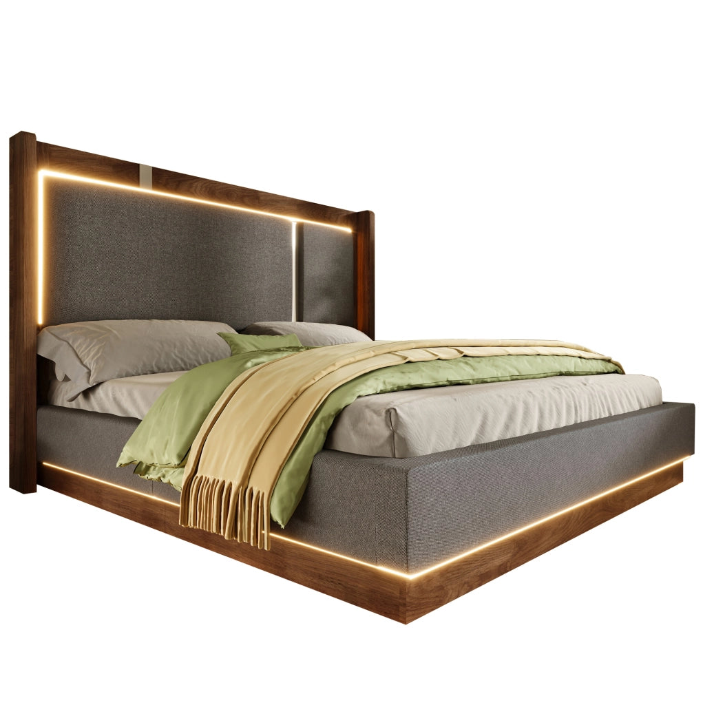 Letto matrimoniale 140x190 cm con contenitore; LED integrato; rivestimento in lino grigio e dettagli noce