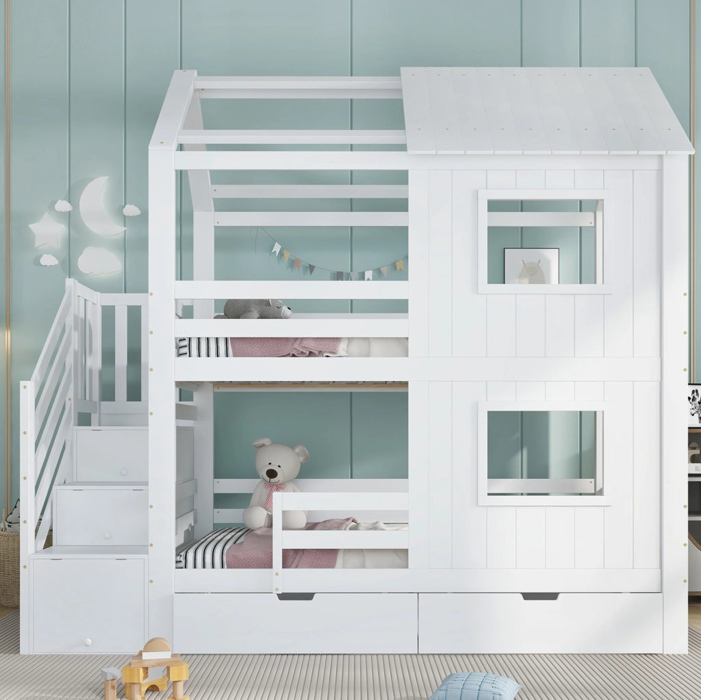 Letto a castello per bambini bianco con scala contenitore