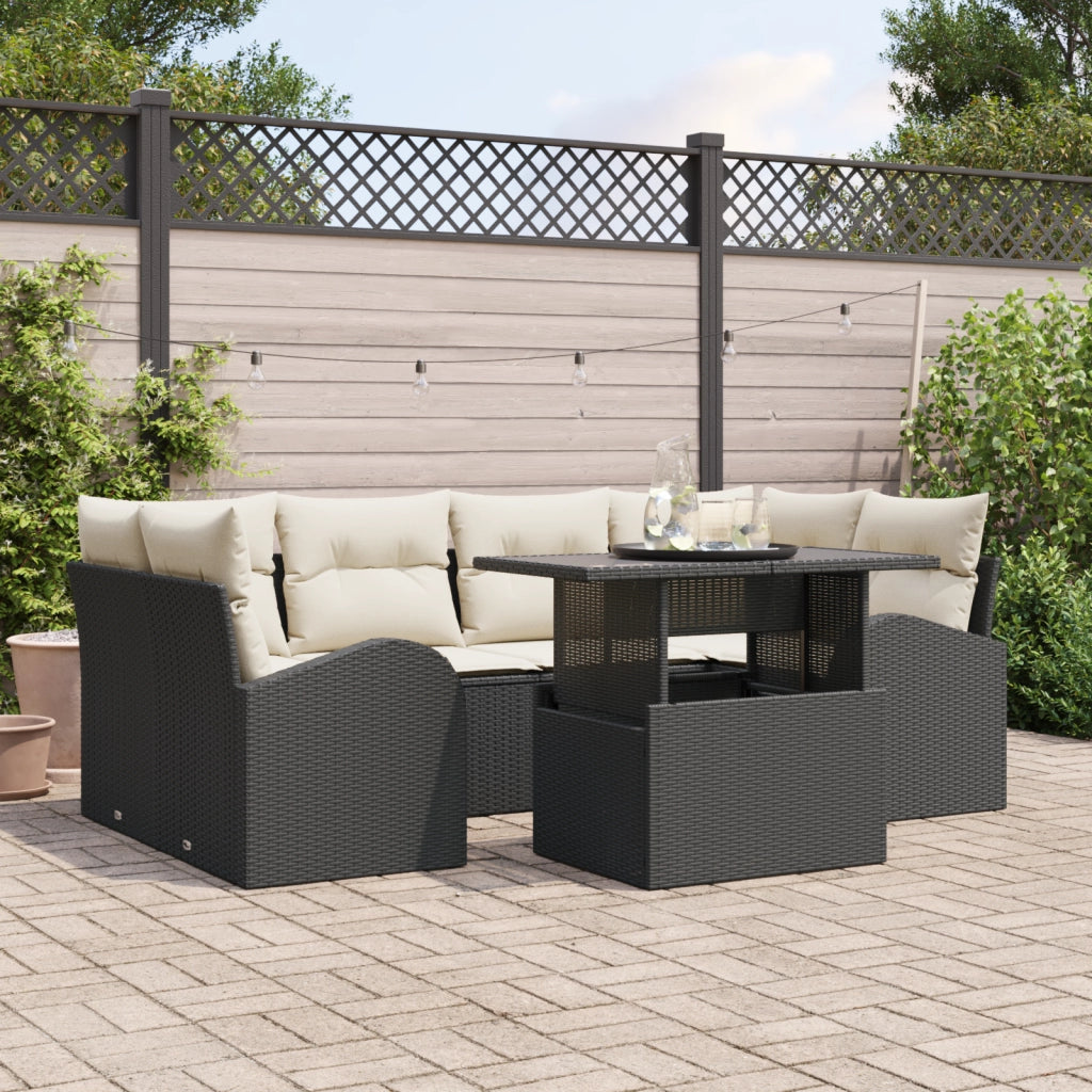Set di Divano da Giardino da 7 Pezzi con Cuscini in Rattan Nero