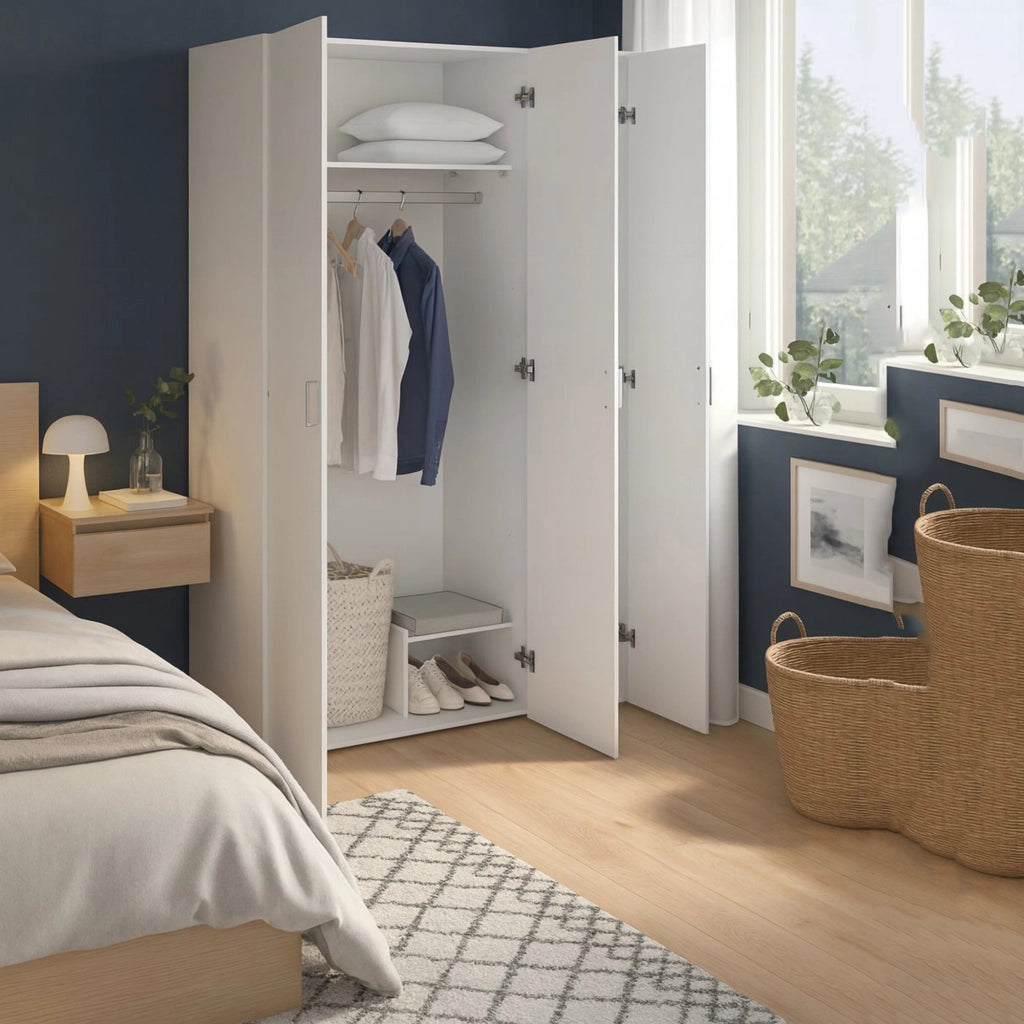 Armadio Camera da Letto Ruffano, Guardaroba 3 Ante Appendiabiti, 115x49 cm Bianco