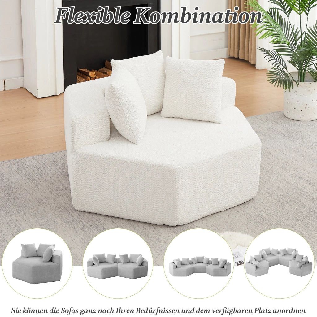 Poltrona da salotto modulare esagonale con tre cuscini e rivestimento in ciniglia beige con molle e schiuma