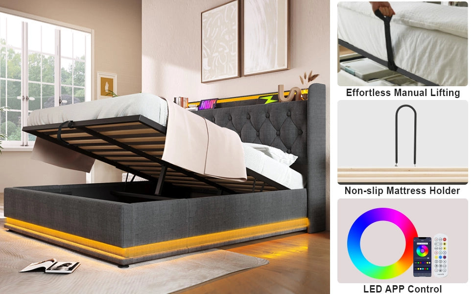 LETTO Imbottito 140x190 cm Grigio in lino con LED, USB e Type-C