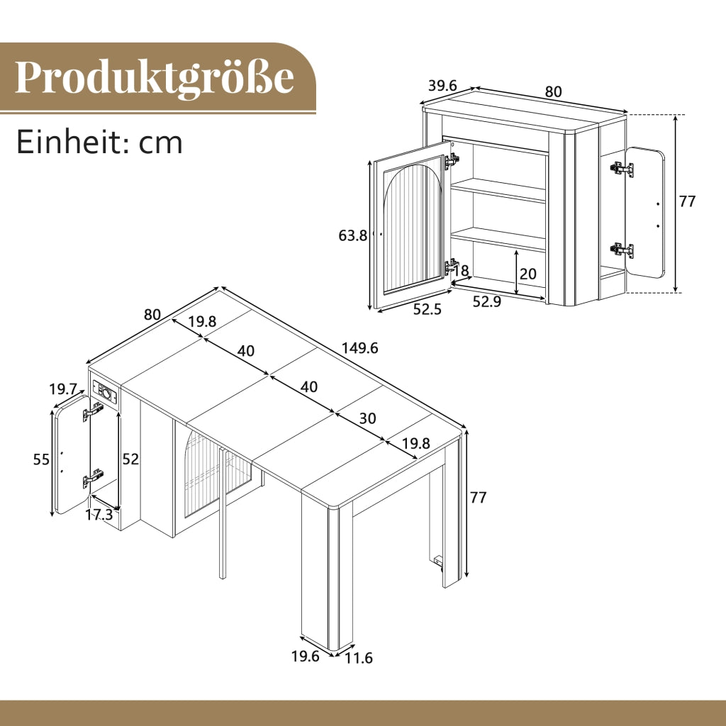 Carrello da Cucina con Tavolo Estensibile; 3 Piani; Vani; Ruote; LED e Prese; in MDF e Vetro; Bianco Naturale