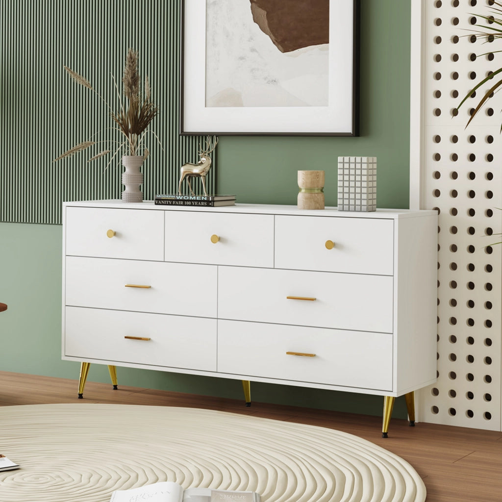 Sideboard con 7 cassetti - Zephmum-140x35x76cm-Bianco-Maniglie e gambe dorate, guide scorrevoli lisce