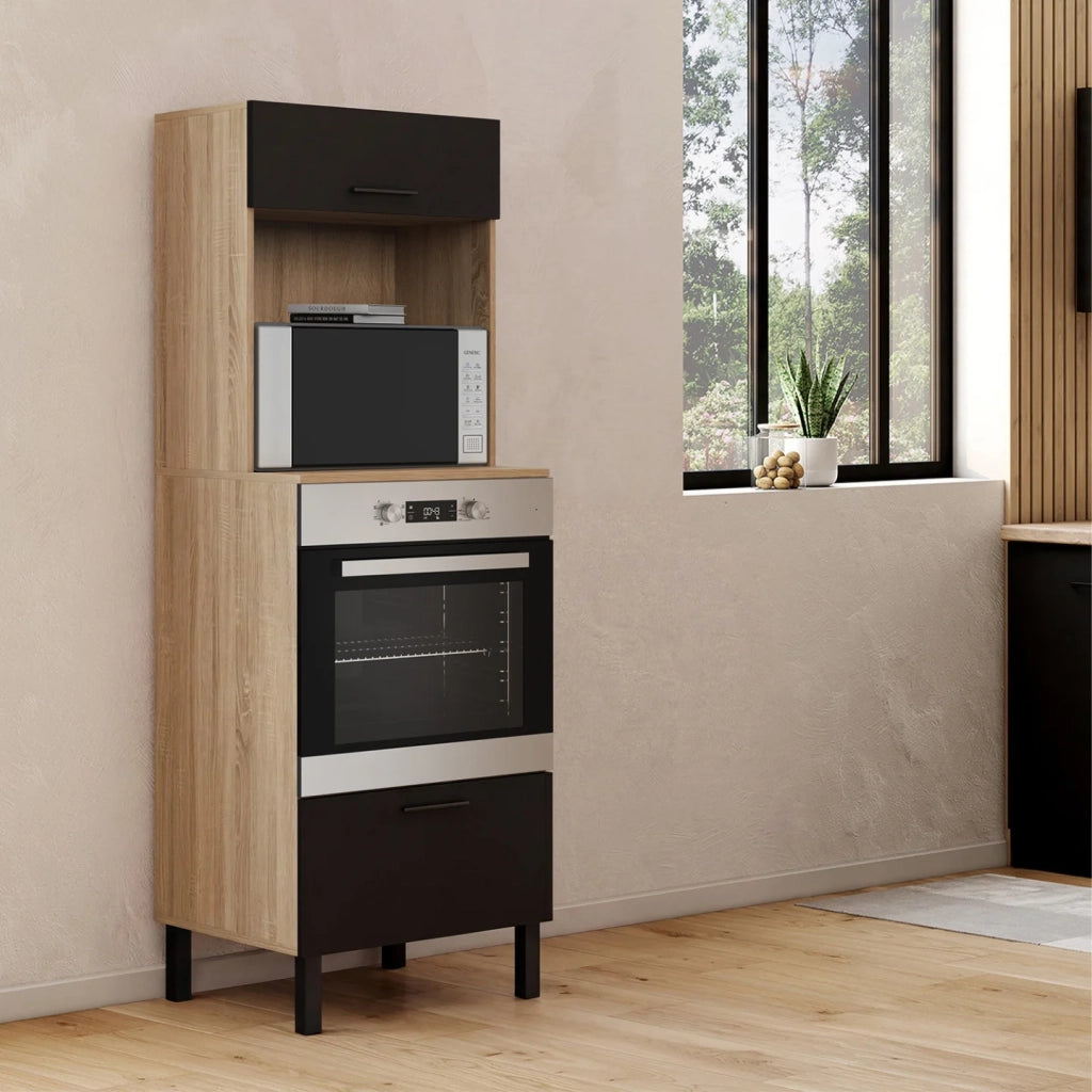 IDMarket - CINA Armadio forno/microonde a colonna da 60 cm a 2 porte, nero e faggio