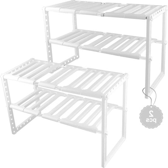 Sostegno per cucina - estensibile e regolabile - 2 pezzi - altezza e lunghezza 39-68 cm - mensole verticali - bianco
