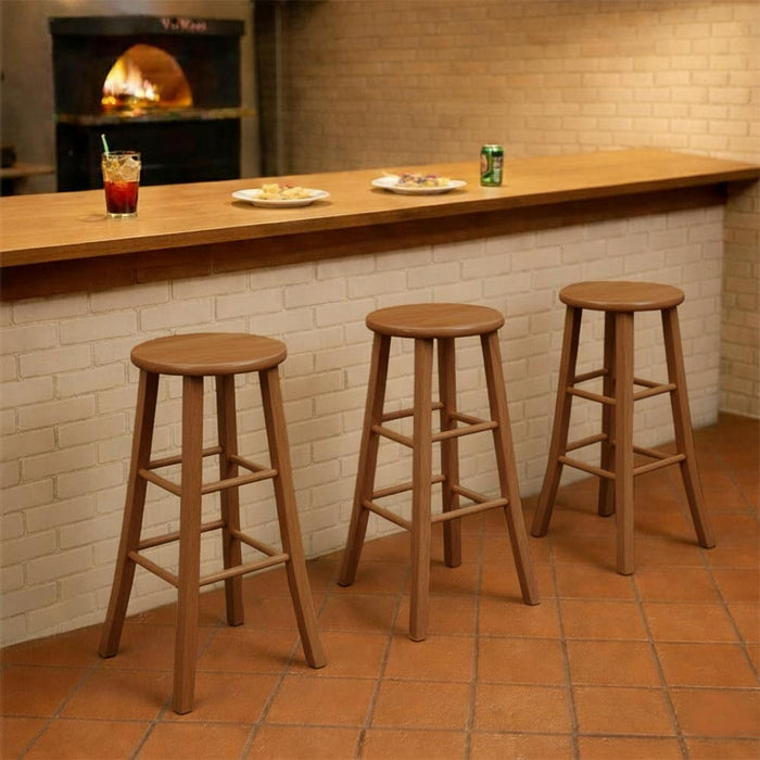 Sgabello legno con seduta rotonda h 80 cm noce chiaro gamba sciabola