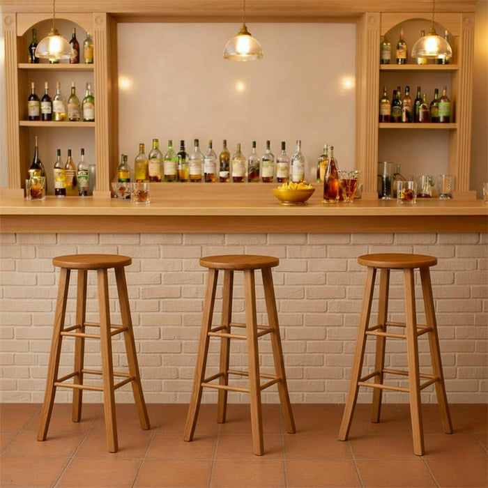 Sgabello legno con seduta rotonda h 80 cm noce chiaro gamba sciabola