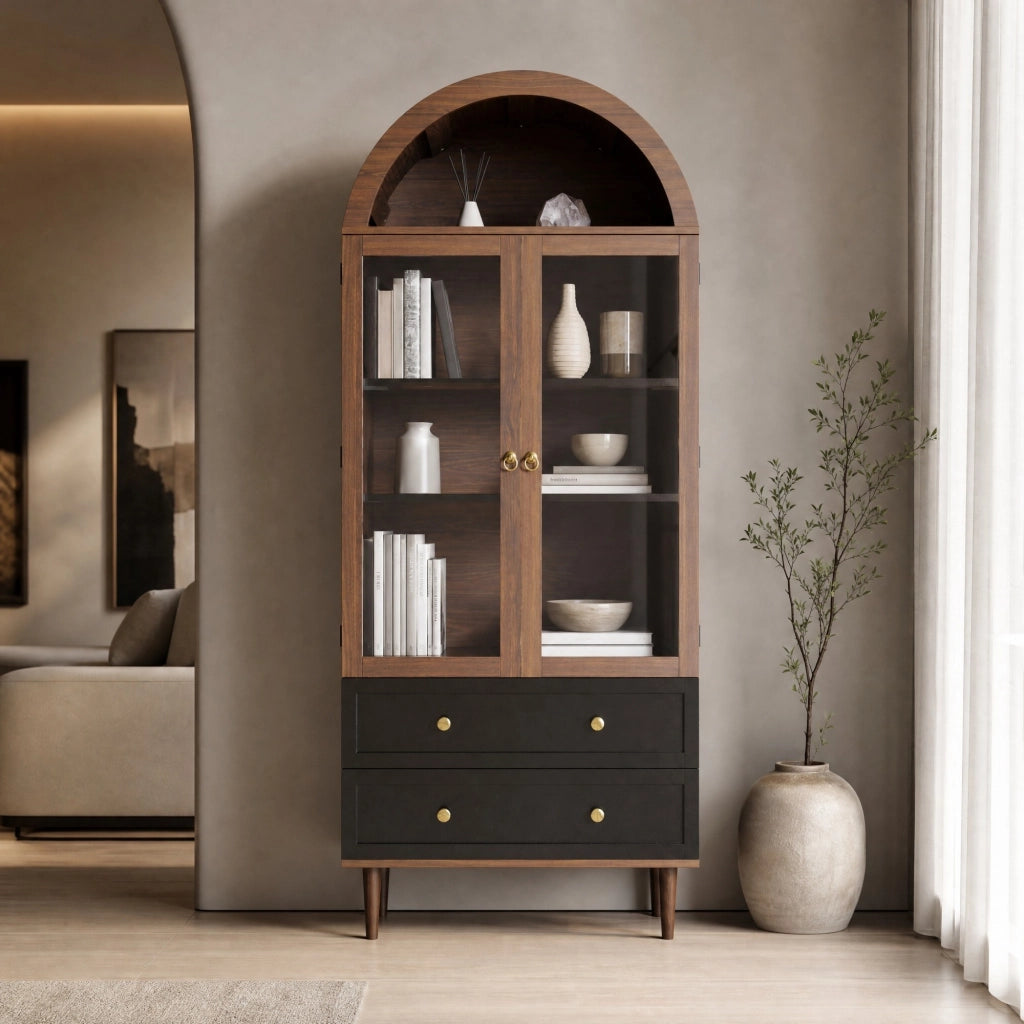 Credenza moderna con ripiani regolabili e vetro rigato; 70x38x165 cm; noce
