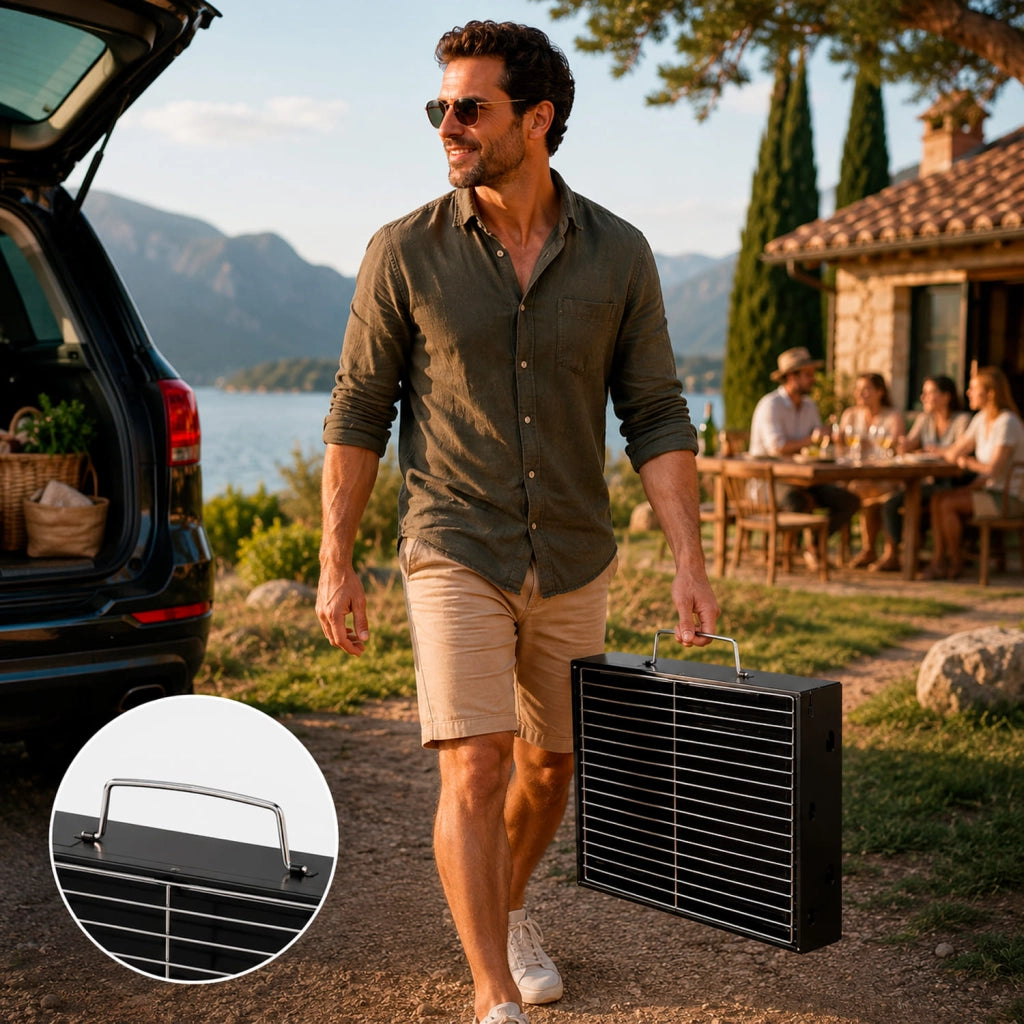 Barbecue A Carbone Portatile Pieghevole BBQ Griglia Con Struttura Resistente In Acciaio Maniglia Integrata Ventilazione Laterale Per Campeggio Picnic Giardino 45.5 x 29.5 x 23 Cm Nero