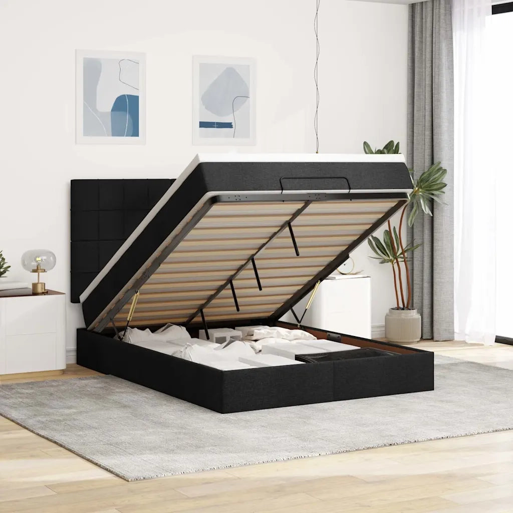 Struttura Letto Pouf con Materasso Nero 140x200 cm in Tessuto 3313163