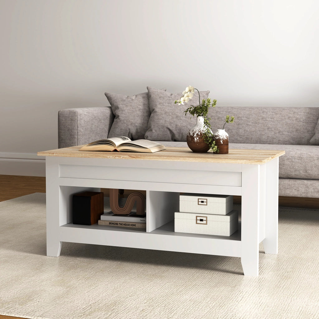 Tavolino da Caff¨¨ con Piano Elevabile e Vano Contenitore ¨C Xylo ¨C Bianco e Naturale 105x50x49 cm