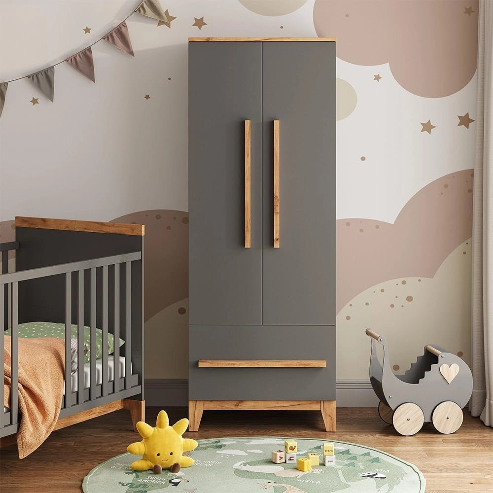 Armadio per bambini Malia, Grigio/Artisan, 70 x 186.8 cm, combinabile con altri mobili della serie Malia