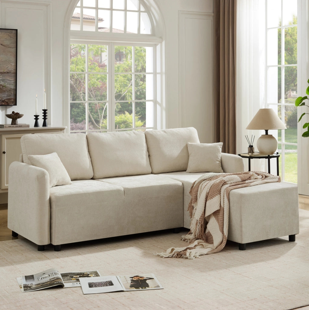 Divano angolare L 3 posti 187;5x144x85;5 cm in chenille beige chiaro con 2 cuscini