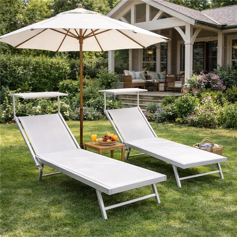 LETTINO RIMINI PRENDISOLE IN ALLUMINIIO CON PARASOLE PIEGHEVOLE 61X183/189X38H CM , COLORE BIANCO
