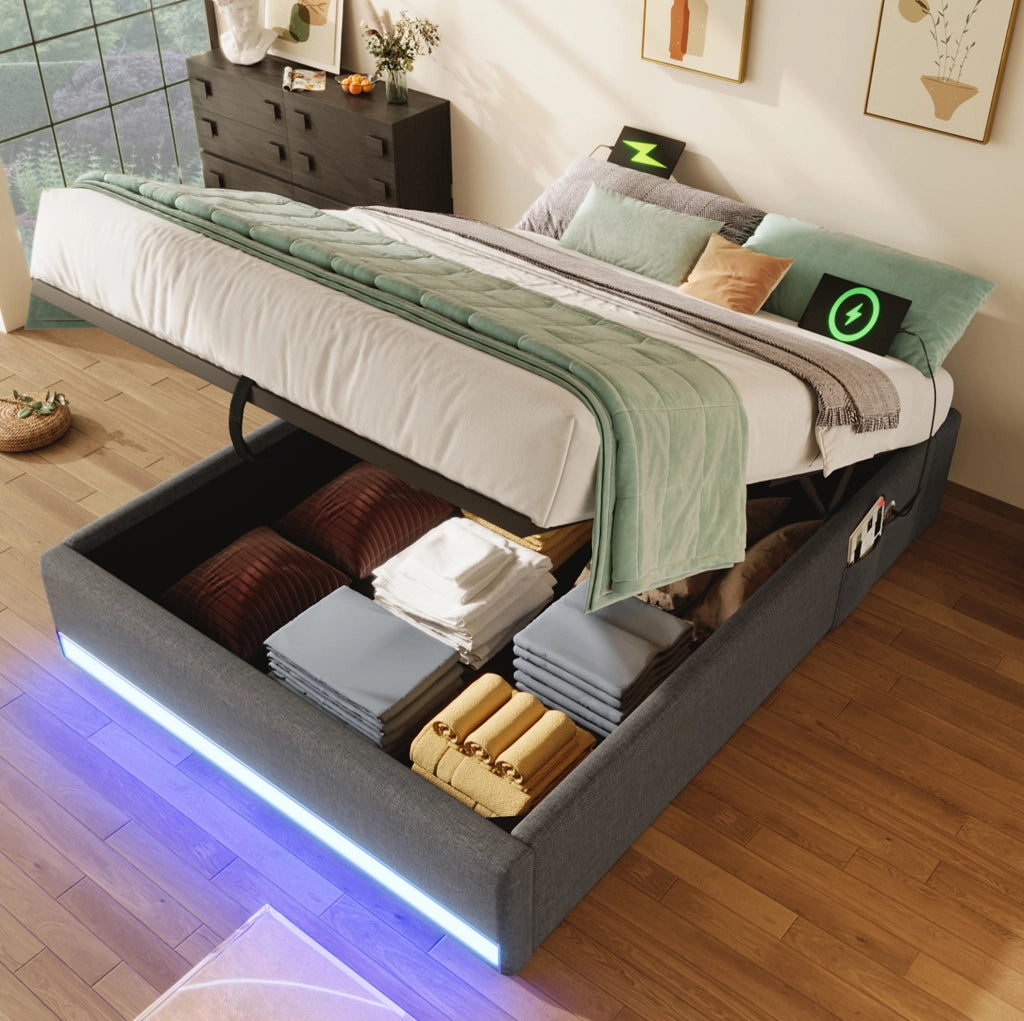 Letto imbottito 90x200 cm senza testiera in lino grigio con LED; USB e porta Type-C; contenitore idraulico