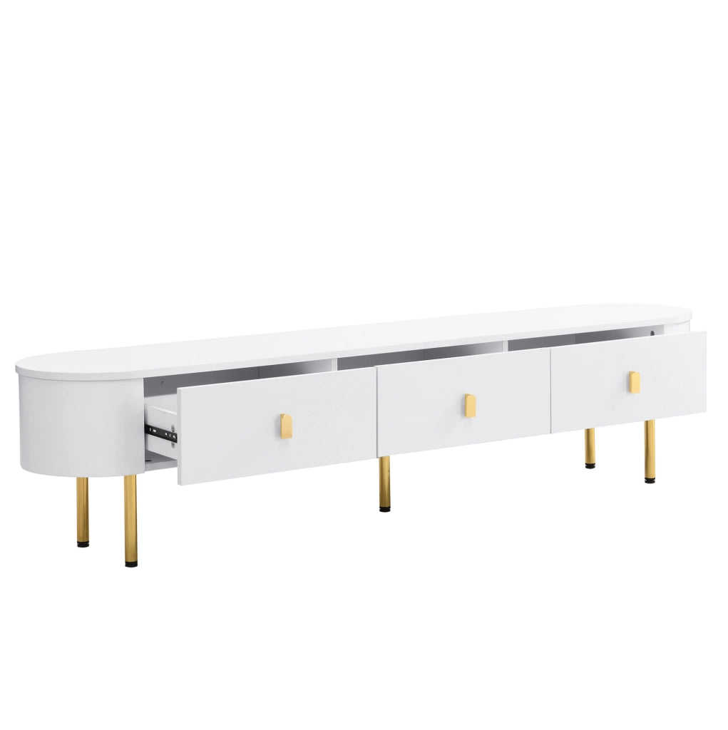 Mobile TV con 3 cassetti 174x35x41 cm in MDF bianco con maniglie e gambe oro