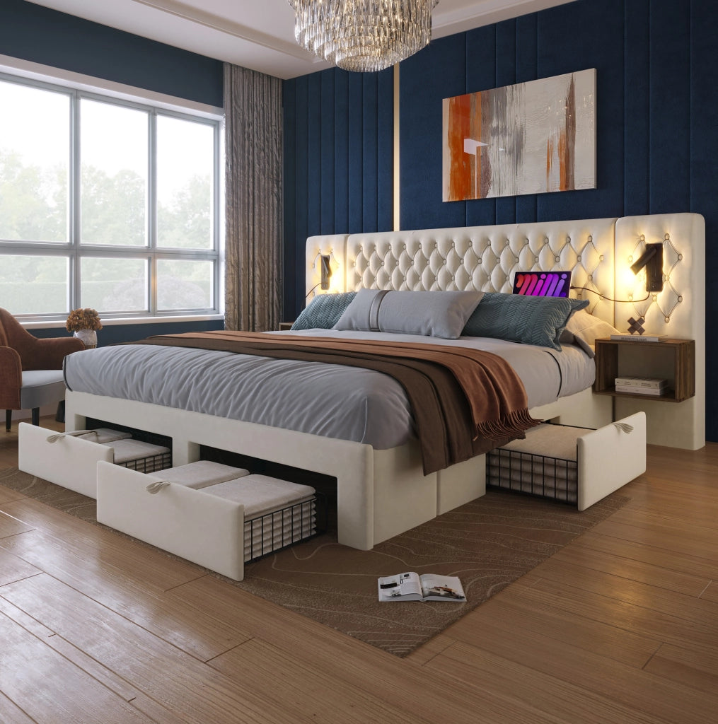Letto matrimoniale 160x200 cm in velluto beige con 2 comodini; 4 cassetti e luci lettura USB Type C