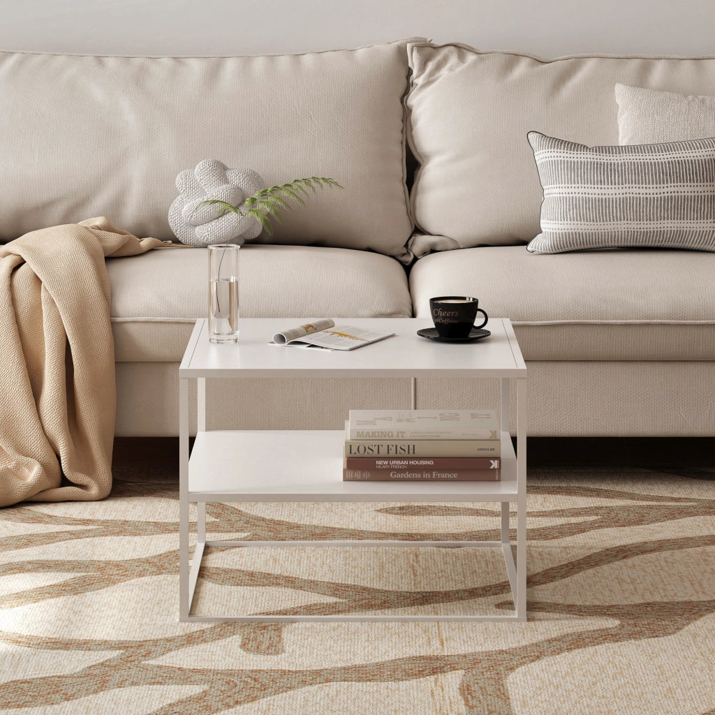 Tavolino Basso da Soggiorno Solund a 2 Piani di Appoggio 60x60x45 cm Bianco opaco [en.casa]