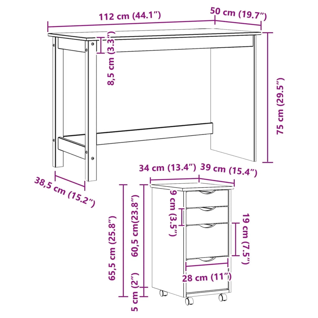 Set scrivania e mobiletto su ruote MOSS 2 pz Bianco 3438791