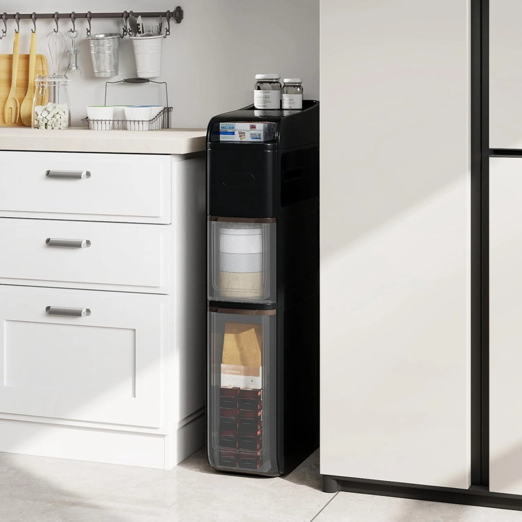 Armadio a 4 livelli, armadio bagno con ruote, cassetti trasparenti, doppie uscite per fazzoletti, cucina, soggiorno, lavanderia, 43 x 18 x 88 cm (Nero)