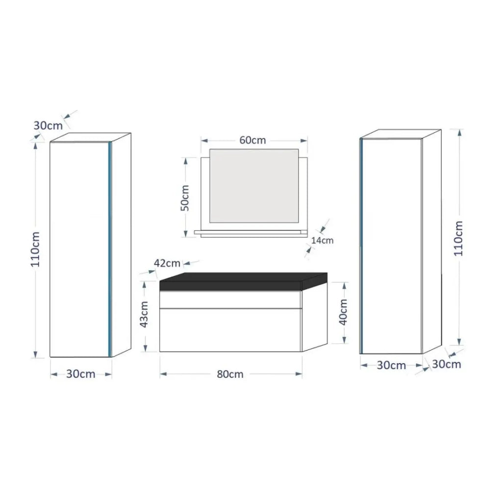 Set mobili da bagno bianco collezione BIRD, colonne, mobile sottolavabo 80 cm, specchio, sifone e LED