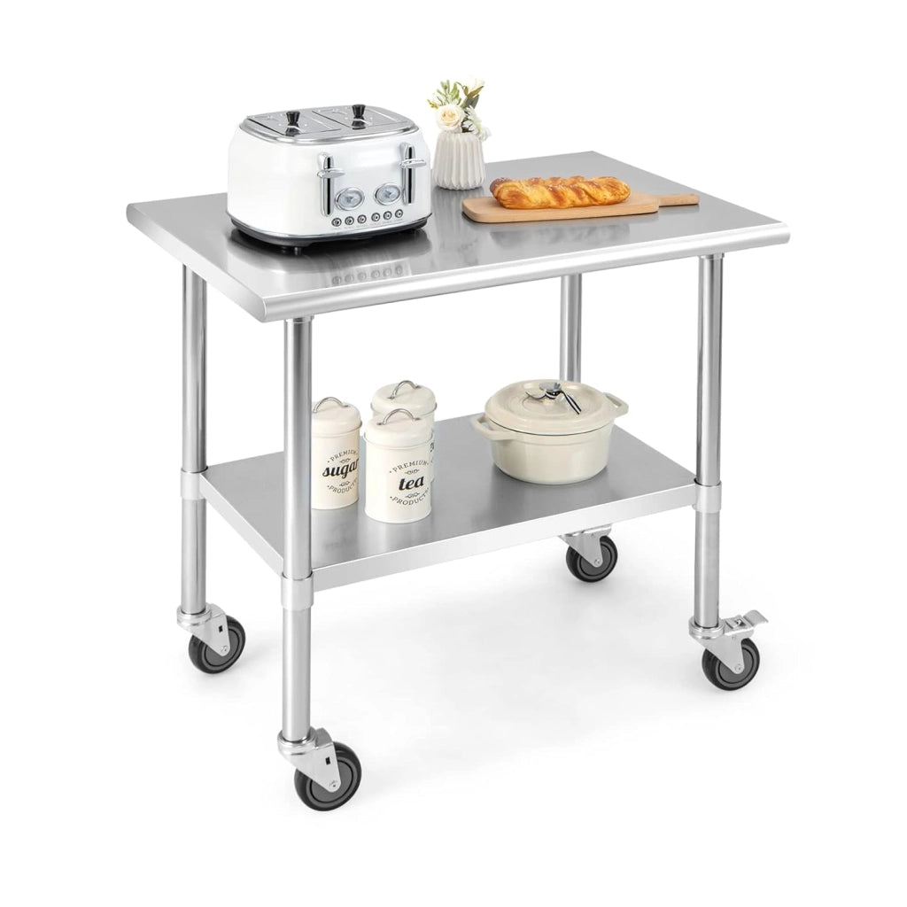 Tavolo da Lavoro in Acciaio Inox, Tavolo di Preparazione Alimentare/Porta Attrezzi con Ruote e Ripiano Inferiore Regolabile, per Cucina, Ristorante, Officina e Garage, 91,5 x 61 x 89,5 cm