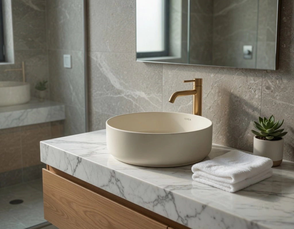 Lavabo tondo da appoggio senza troppo pieno in ceramica senza foro rubinetto - Avorio Opaco