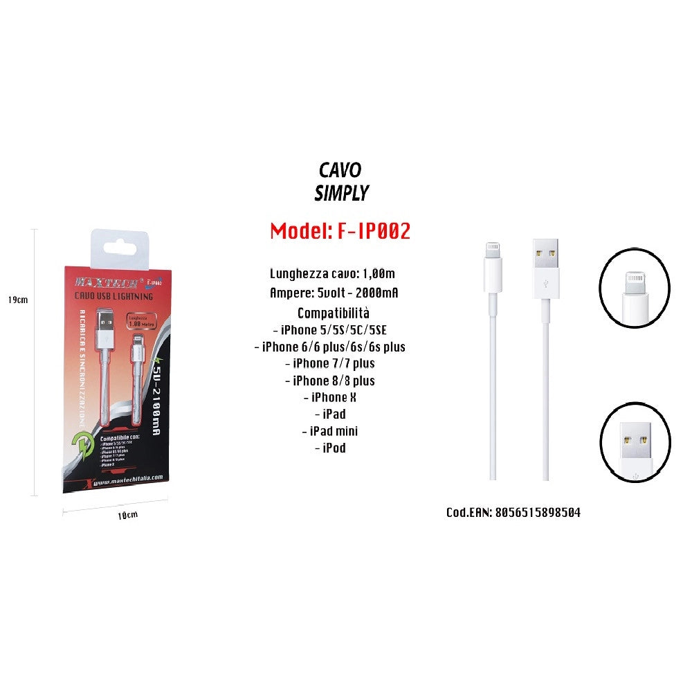Trade Shop - Cavo Usb Simply Ricarica Per Iphone Ipad Ipod 1 Mt 5volt-2000ma Maxtech F-ip002 -