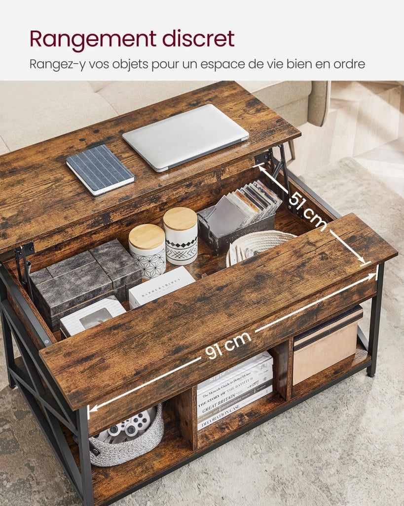 Tavolino da caffè/tavolo da soggiorno con piano sollevabile vano portaoggetti aperto e scomparto nascosto barre a X 60 x 100 x 62 cm marrone 12_0007471