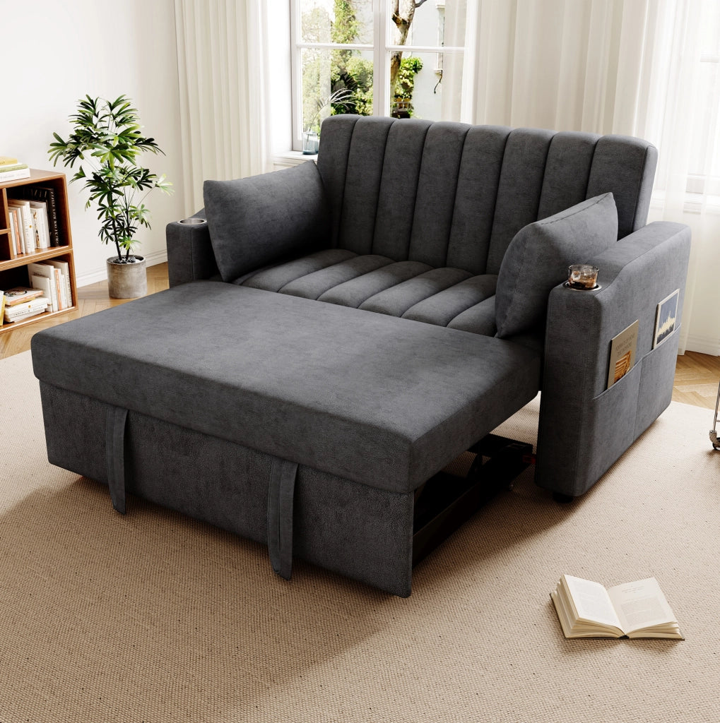 Divano letto 2 posti 136x162x84 cm con schienale regolabile e 2 cuscini in cotone e lino grigio