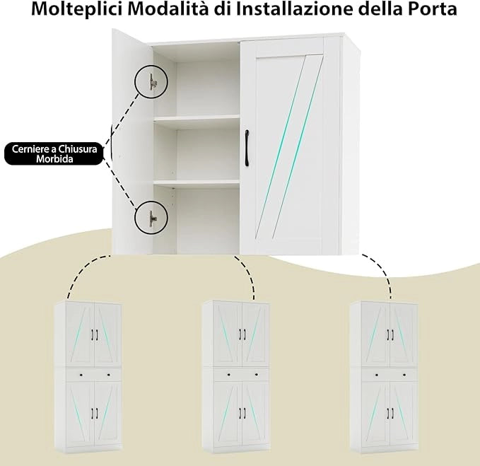 Credenza Alta da Cucina, Mobile Dispensa in Legno con 3 Ripiani Regolabili, 1 Cassette e 4 Ante, Armadio Moderno per Cucina, Soggiorno, Sala da Pranzo, 77 x 39 x 183 cm, Portata 140 kg