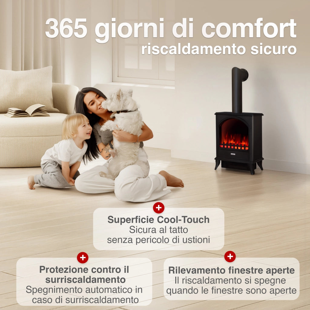 KAMINIO Camino elettrico LENI con tubo di scarico - Camino elettrico con riscaldamento, effetto fiamma 3D - Nero